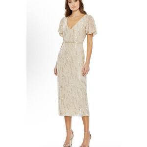 MAC DUGGAL 93591 SEQUINED V-NECK FLUTTER SLEEVE TEA LENGTH OYSTER SHEAT DRESS 4